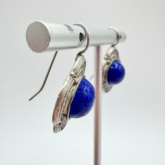 Vintage Blue Speckled Peking Glass Cabochon Earrings Etruscan Revival Bohemian - Picture 9 of 13